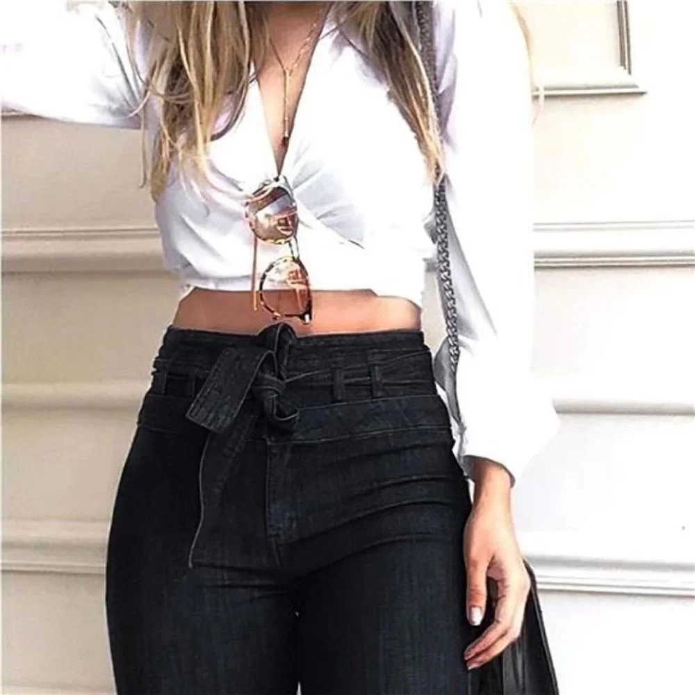Black‎ High Waist Bell Bottom Flare Jeans Wide Leg Belted Bow Denim Pants
